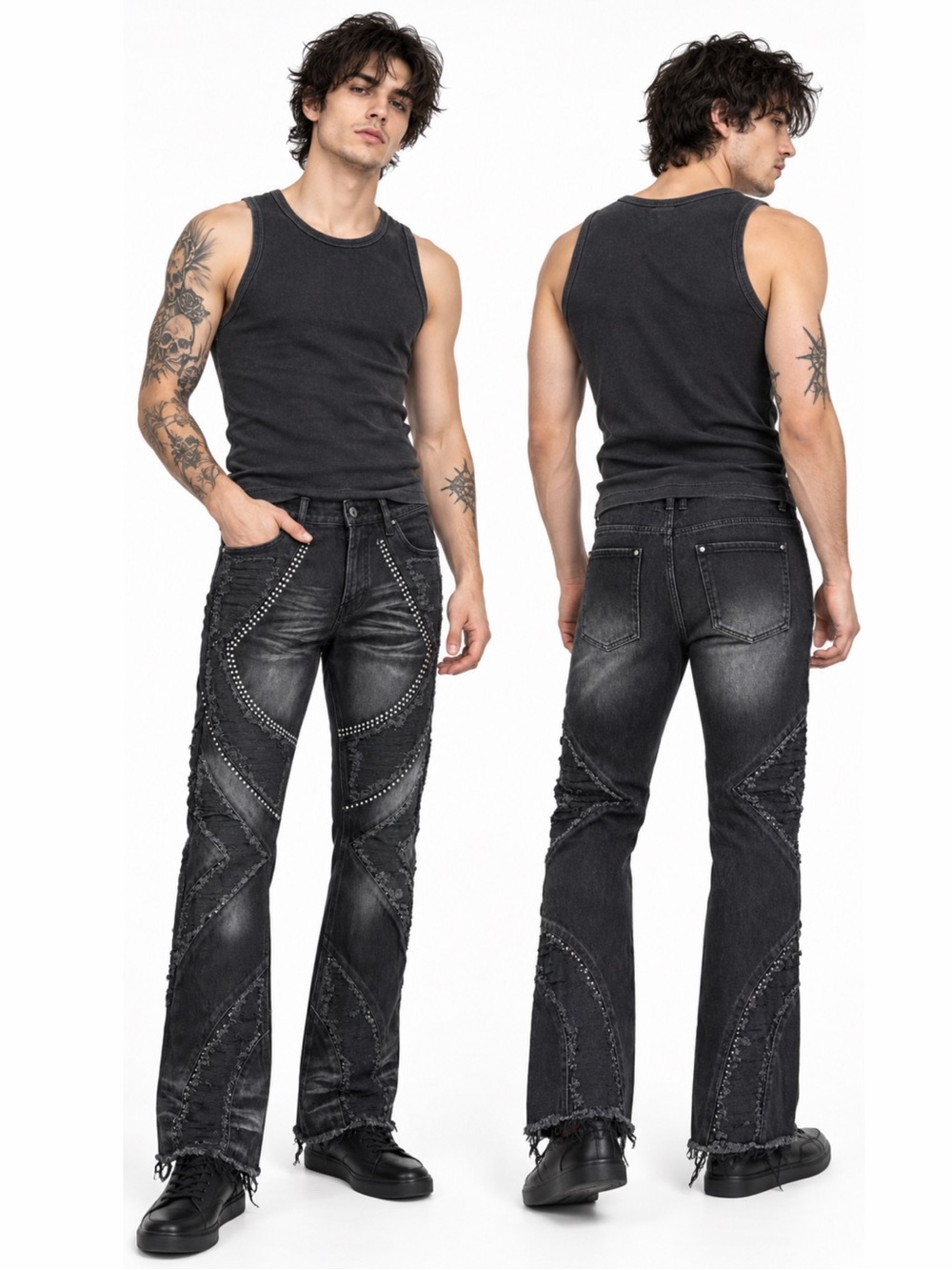 Voyage Studio Black Studded Patchwork Stacked Jeans Y2K Streetwear